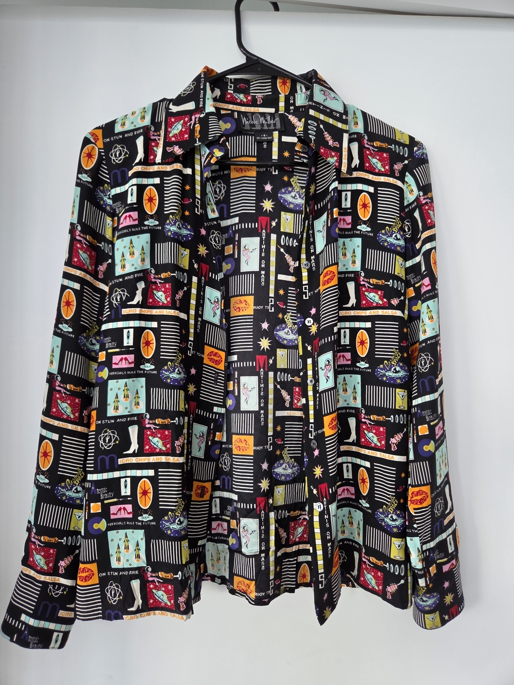 Nicole Miller Black Button-Up Shirt with Multicolor Novelty Print